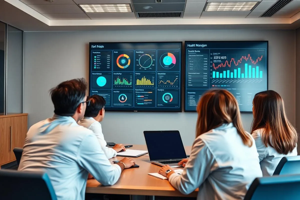 Equipe de gestão hospitalar analisando indicadores assistenciais