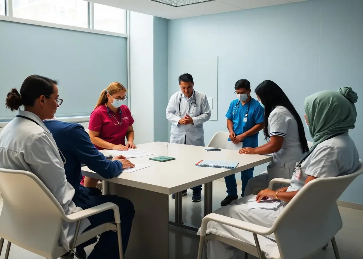Equipe de saúde reunida discutindo indicadores assistenciais